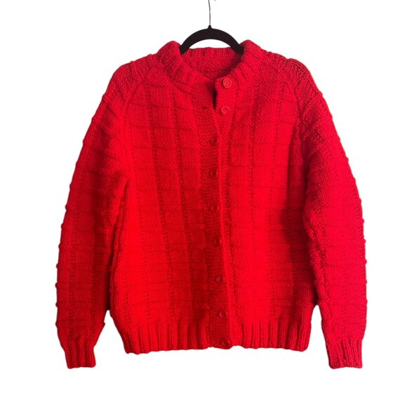 Handmade Chunky Knit Cardigan • Cherry Red • Women’s M • Raised Textured Knit - Picture 1 of 4